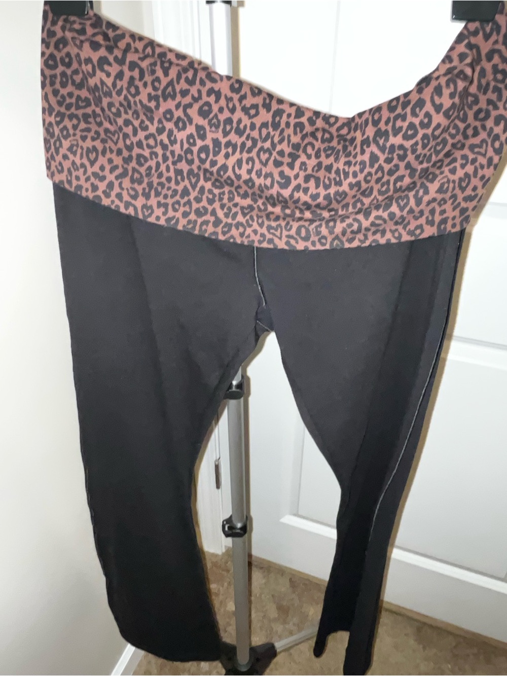 PINK Victoria's Secret Black Leggings with Brown Leopard Fold-Over Waistband